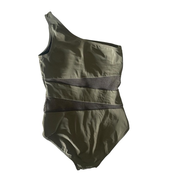 Carmen Marc Valvo One Shoulder Mesh Cutout Swimsuit Olive Green 12 NWOT - Picture 3 of 8